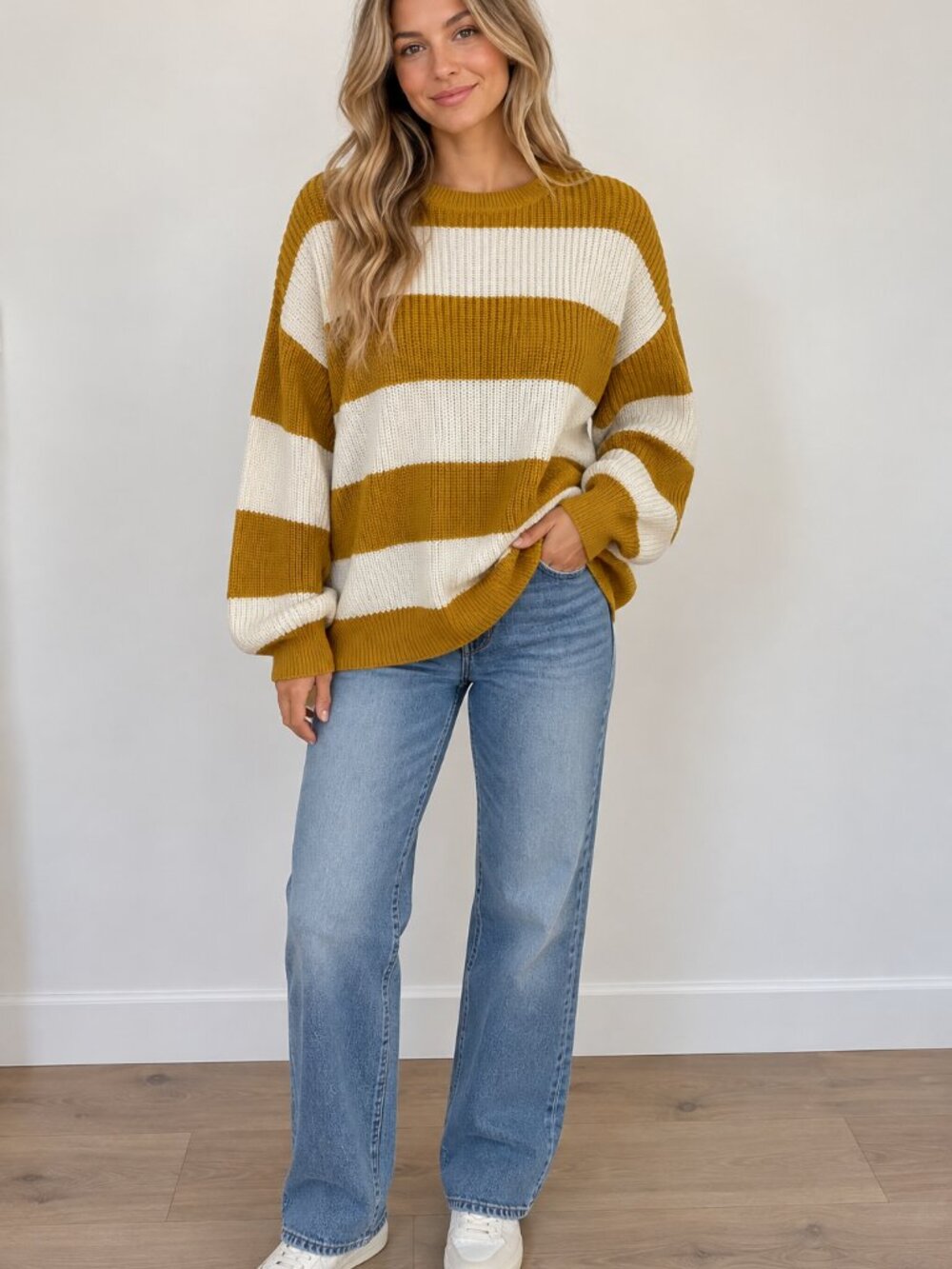 Anko Australian Brand Striped Crewneck Sweater in Mustard and Cream